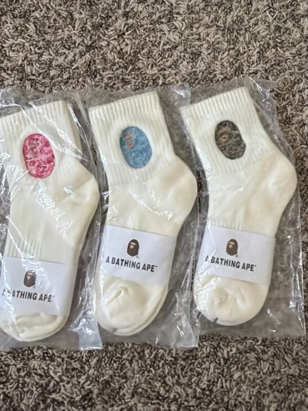 Bape Cream Crew Socks with Pink, Blue & Brown Logo Patches